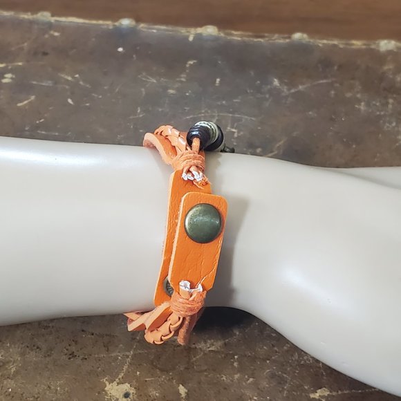 Beaded Bracelet Boho Watch - Leaf Charm - Orange - Picture 3 of 9